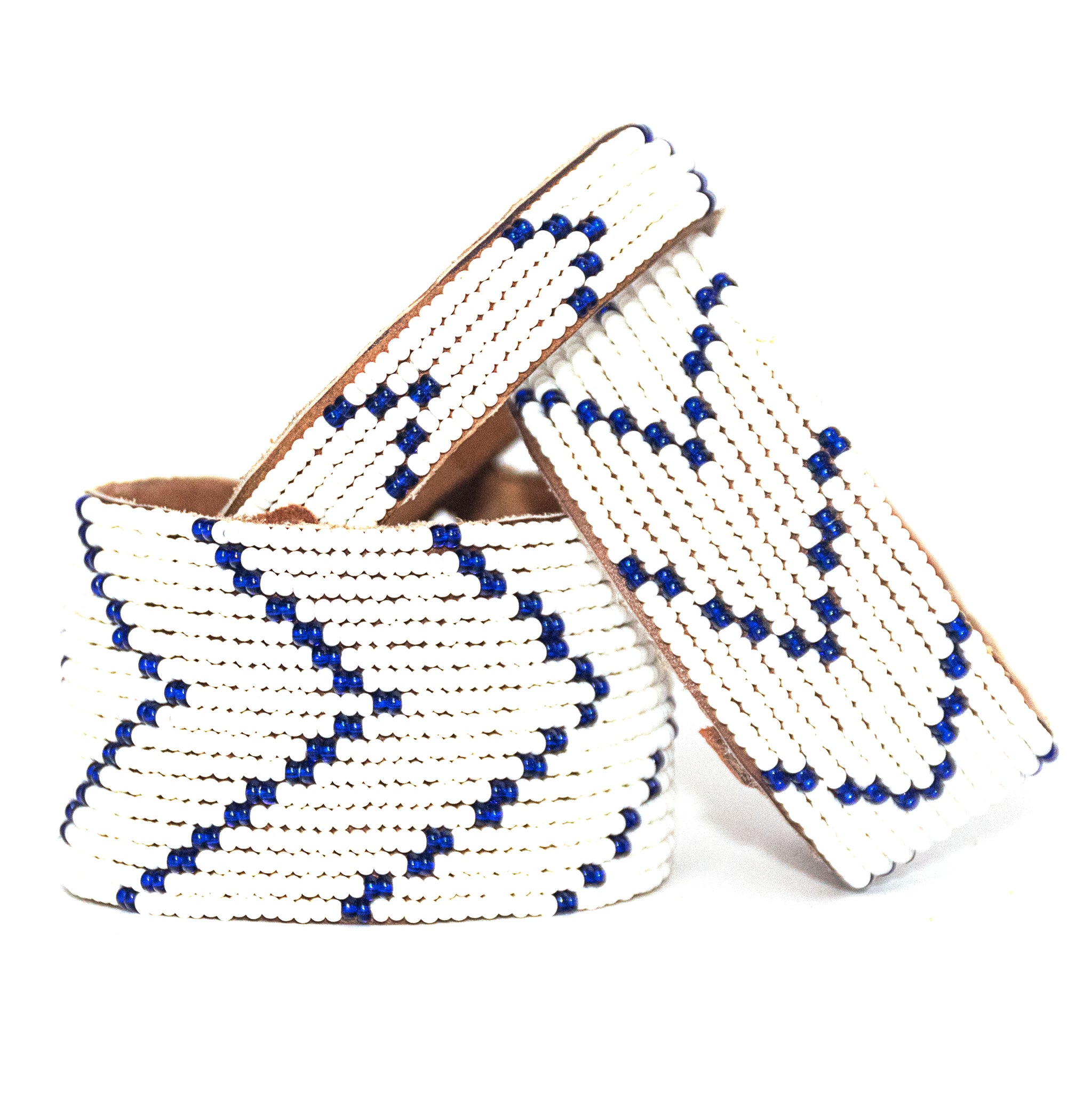 Chevron Dark Blue Beaded Leather Cuff