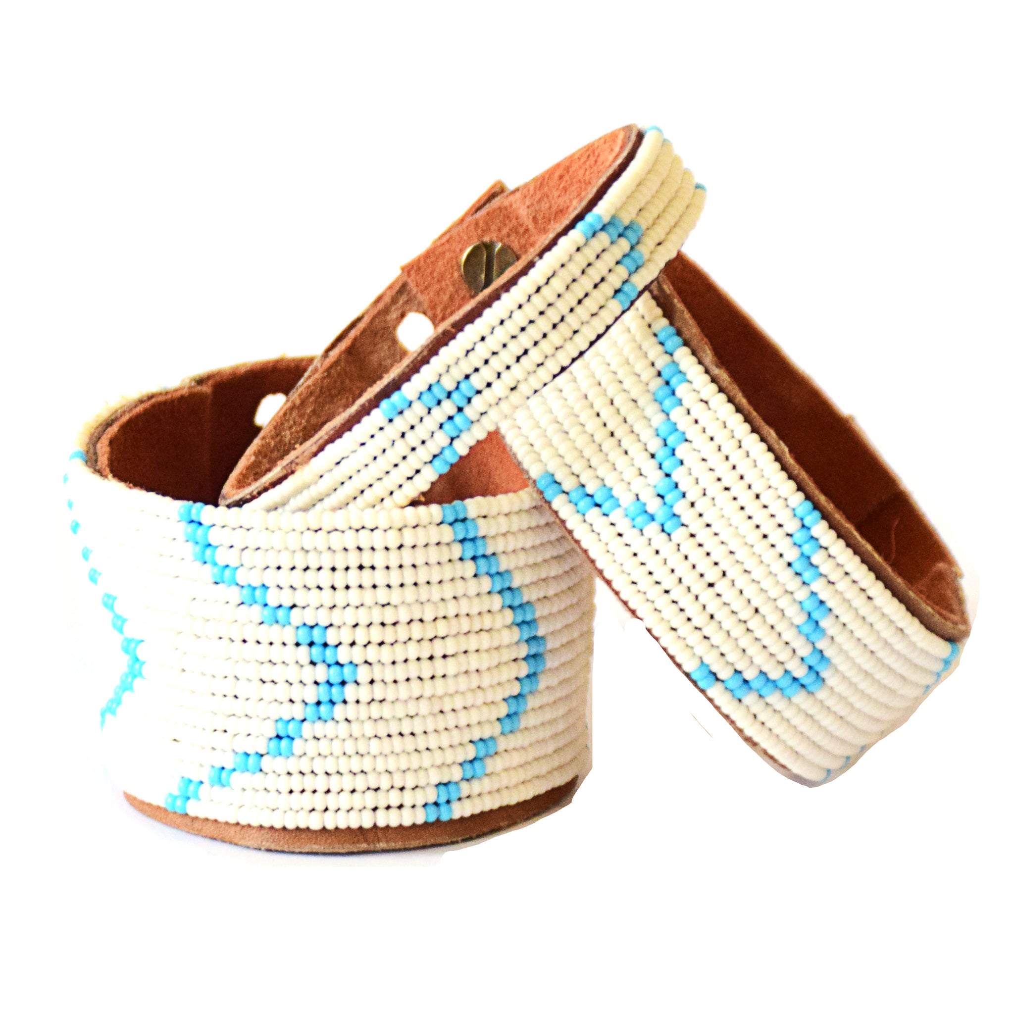 Chevron Light Blue Beaded Leather Cuff