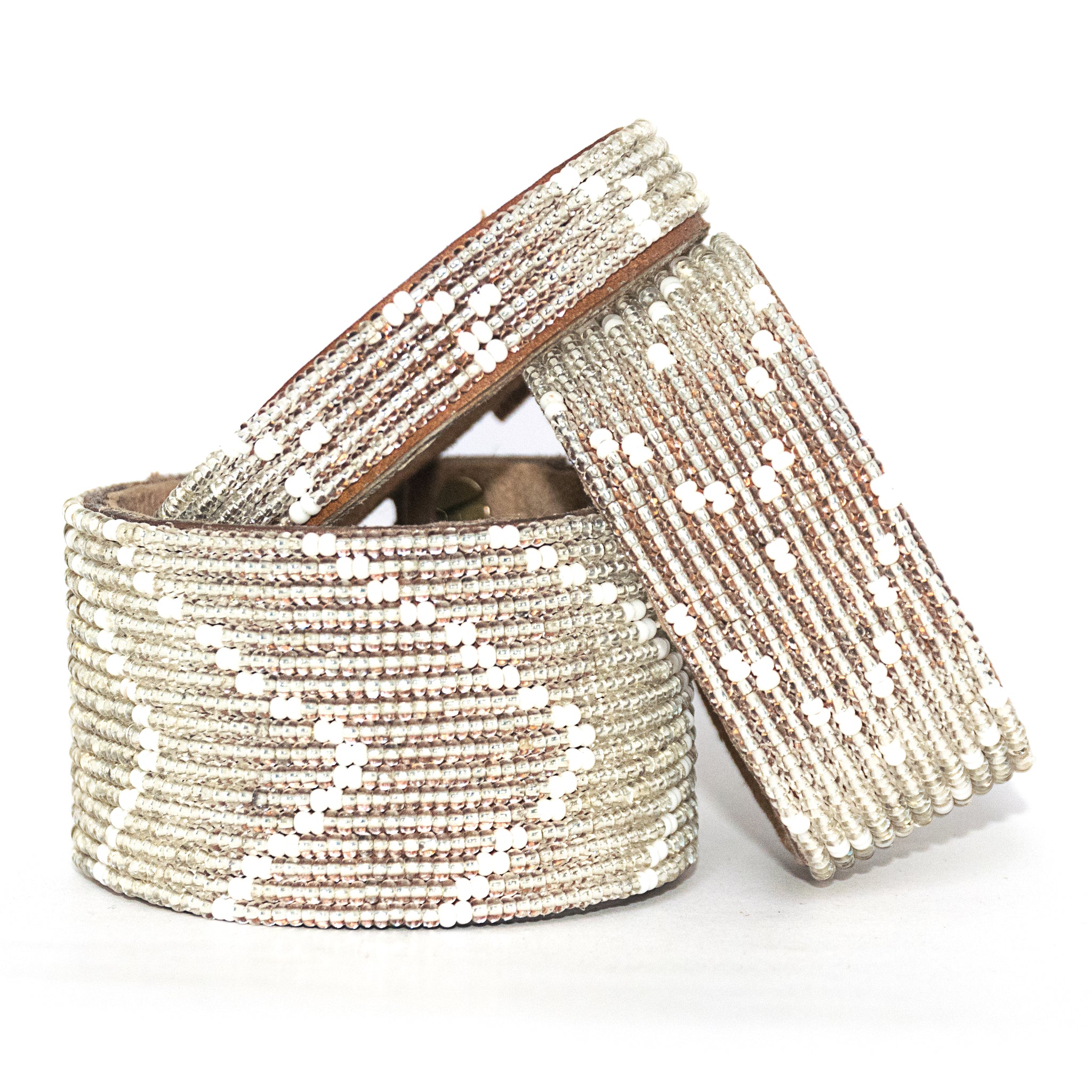Chevron Silver Beaded Leather Cuff