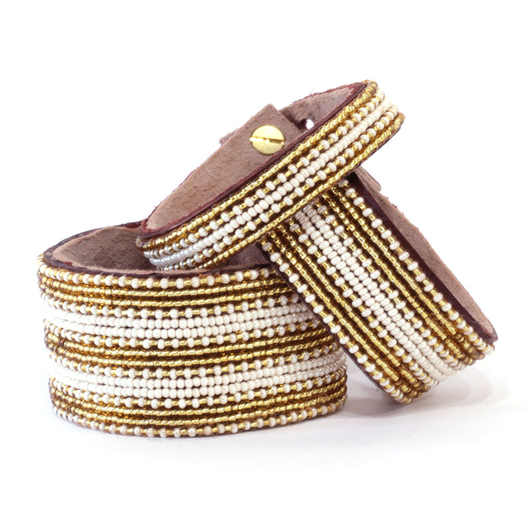 Stripes Gold/Pearl Beaded Leather Cuff