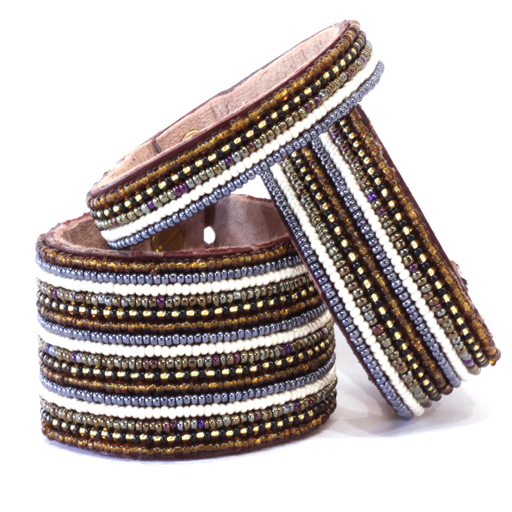 Stripes Neutral Beaded Leather Cuff