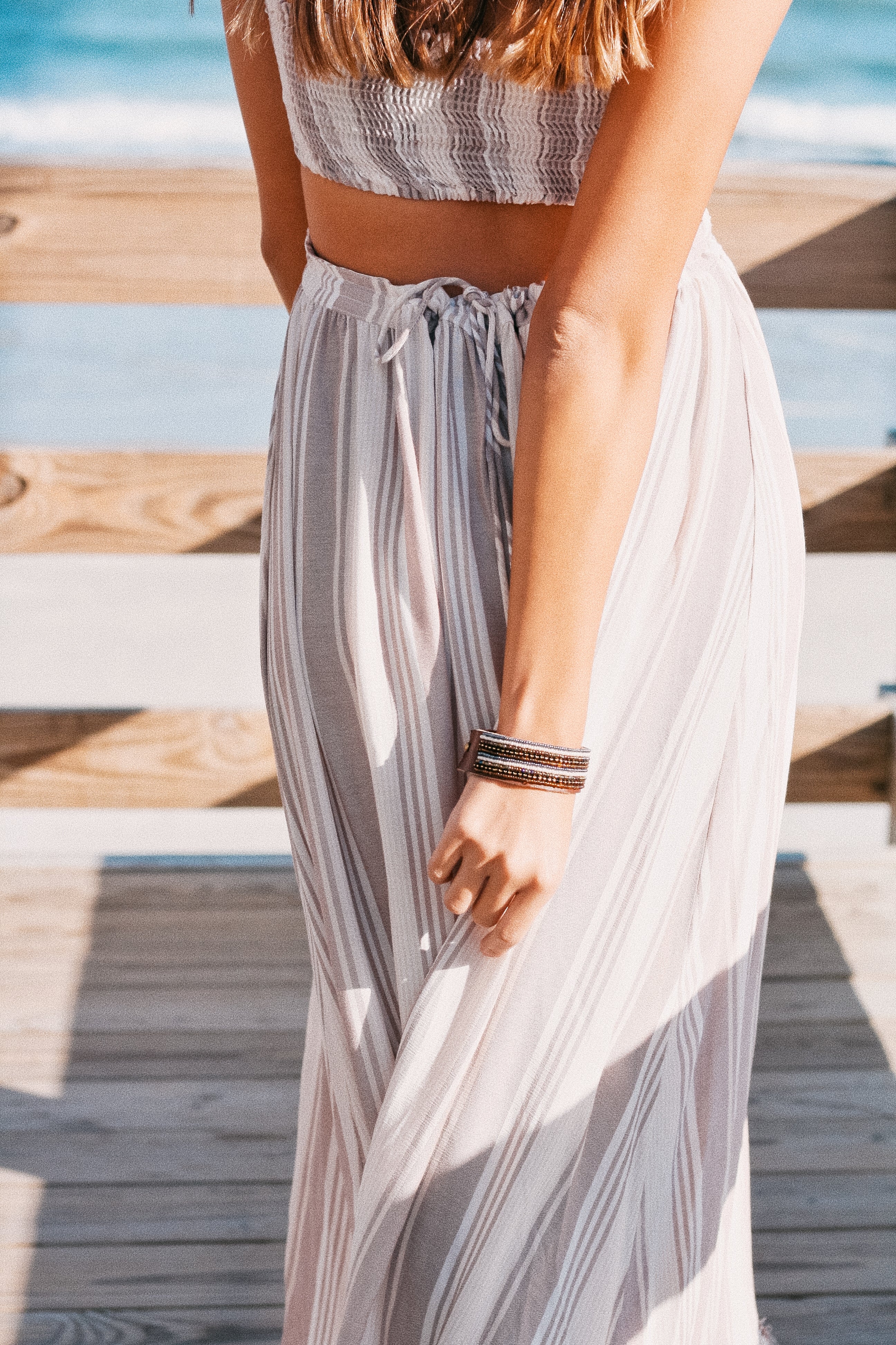 Stripes Neutral Beaded Leather Cuff