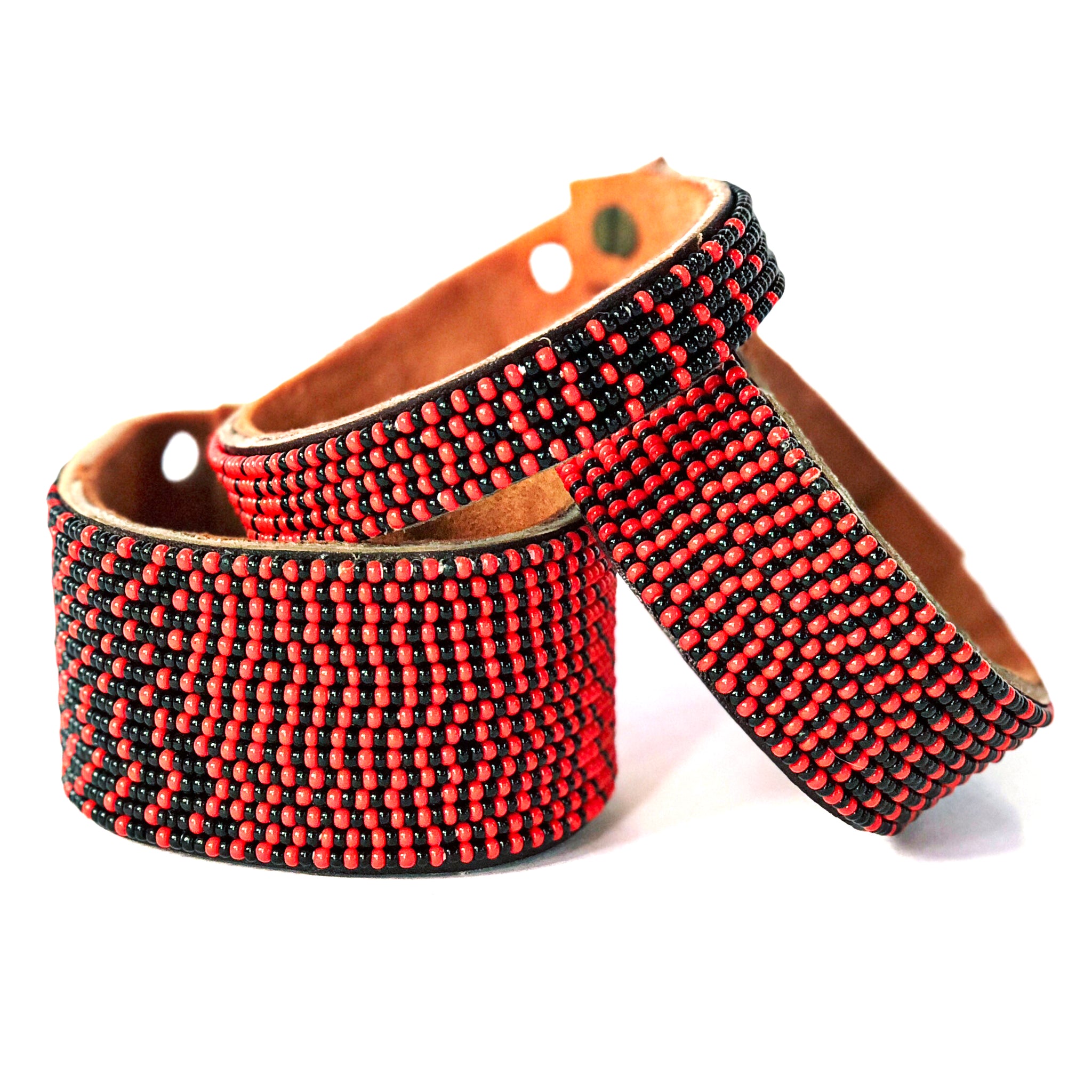 Ombre Red/Black Beaded Leather Cuff