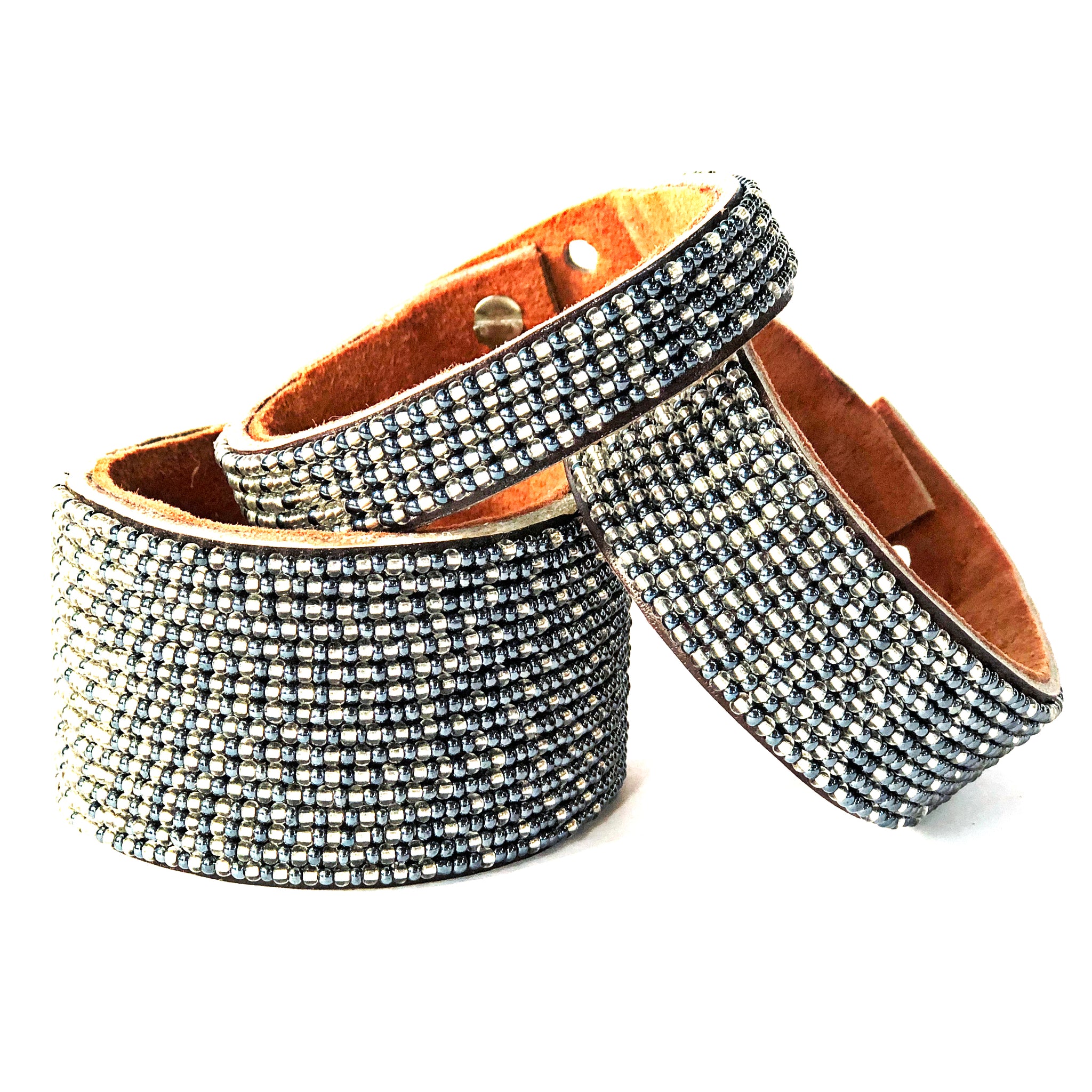 Ombre Slate/Silver Beaded Leather Cuff