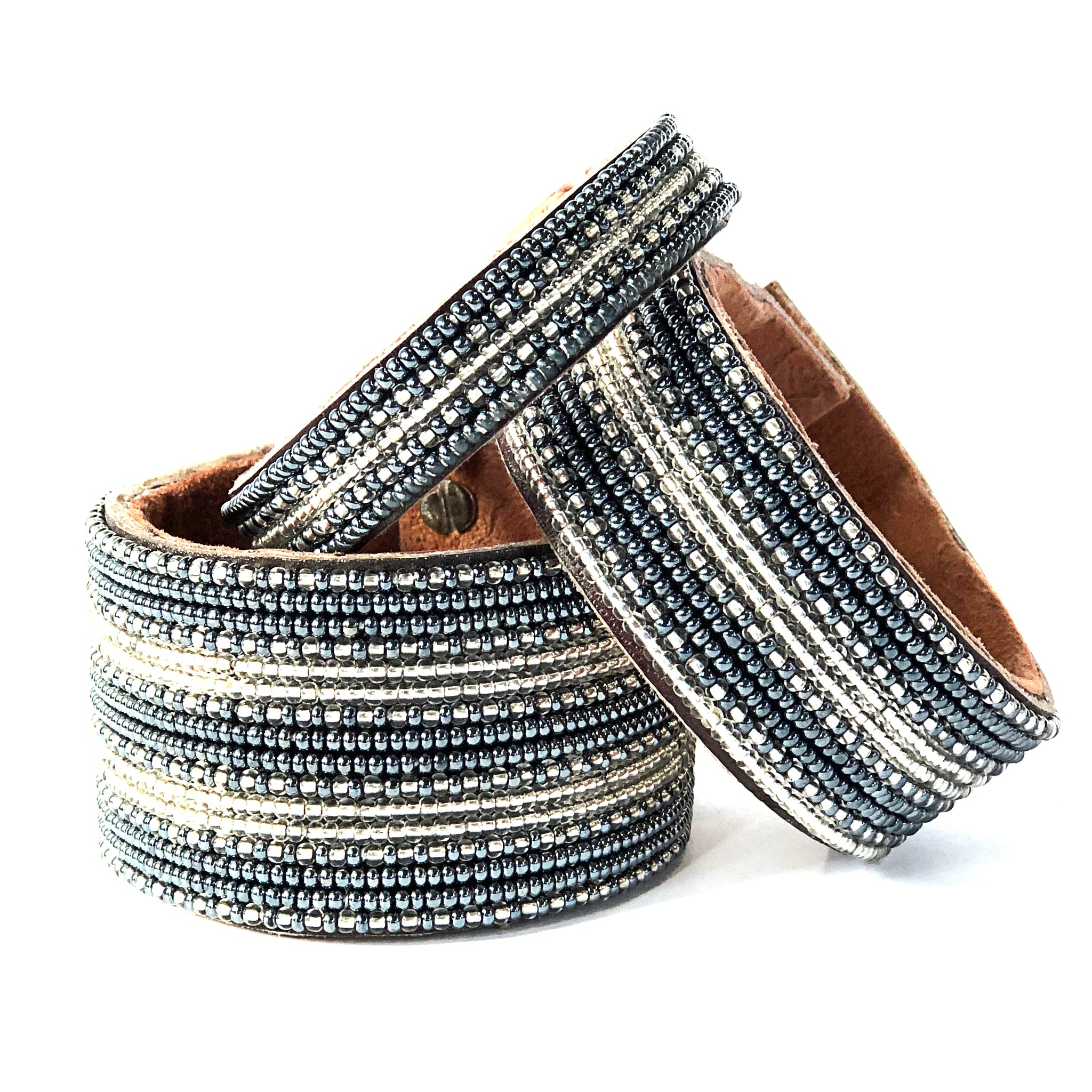Stripes Silver/Slate Beaded Leather Cuff