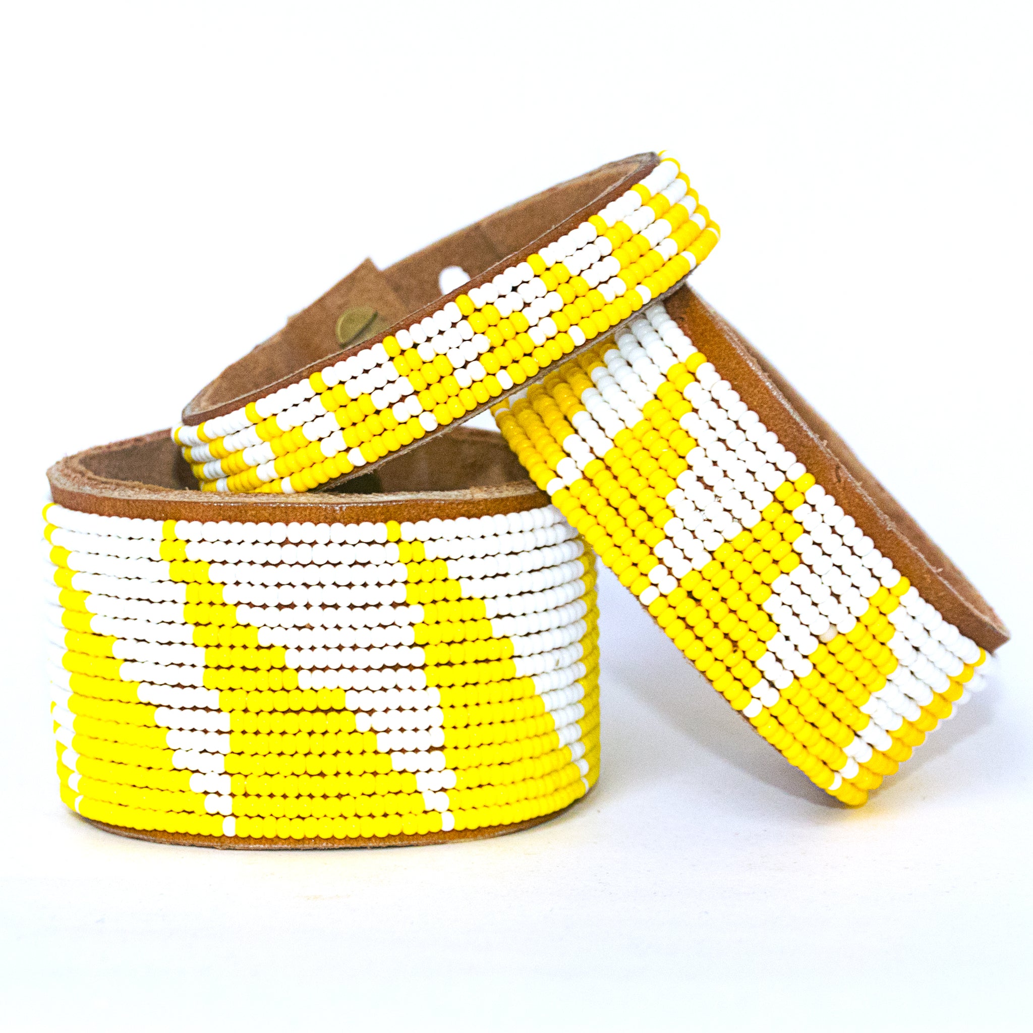 Tri Yellow Beaded Leather Cuff